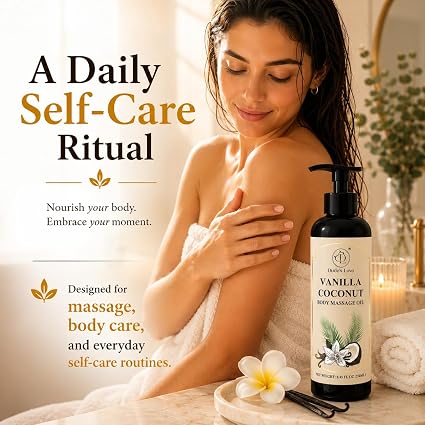 Vanilla Coconut Body Massage Oil | with Vitamin E & Jojoba Oil | Deep Hydration for Dry Skin | Non-Greasy, Fast-Absorbing Formula | 8.45 fl oz (250ml) - Image 7