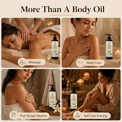 Vanilla Coconut Body Massage Oil | with Vitamin E & Jojoba Oil | Deep Hydration for Dry Skin | Non-Greasy, Fast-Absorbing Formula | 8.45 fl oz (250ml) - Image 5