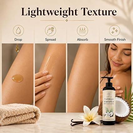 Vanilla Coconut Body Massage Oil | with Vitamin E & Jojoba Oil | Deep Hydration for Dry Skin | Non-Greasy, Fast-Absorbing Formula | 8.45 fl oz (250ml) - Image 4